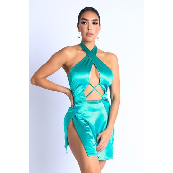 Boutique Dresses Womens Satin Sleeveless Cross Halter Open Mini